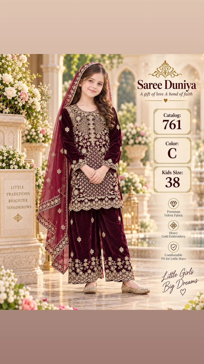 Catalog 761 Color C size 38 burgundy velvet girls salwar kameez on model