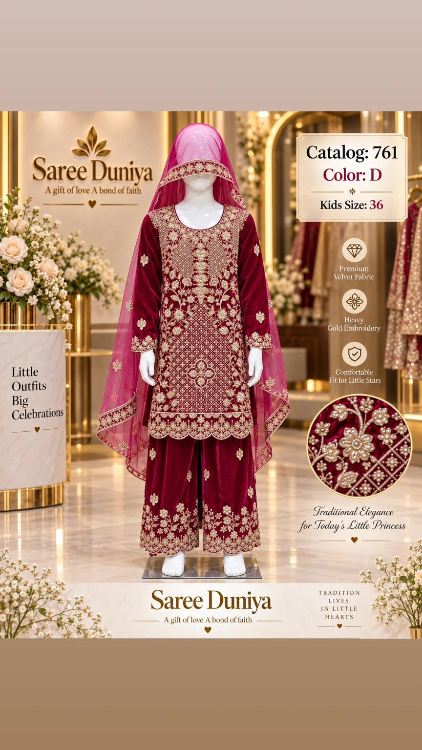 Catalog 761 Color D size 36 deep magenta velvet girls salwar kameez on mannequin