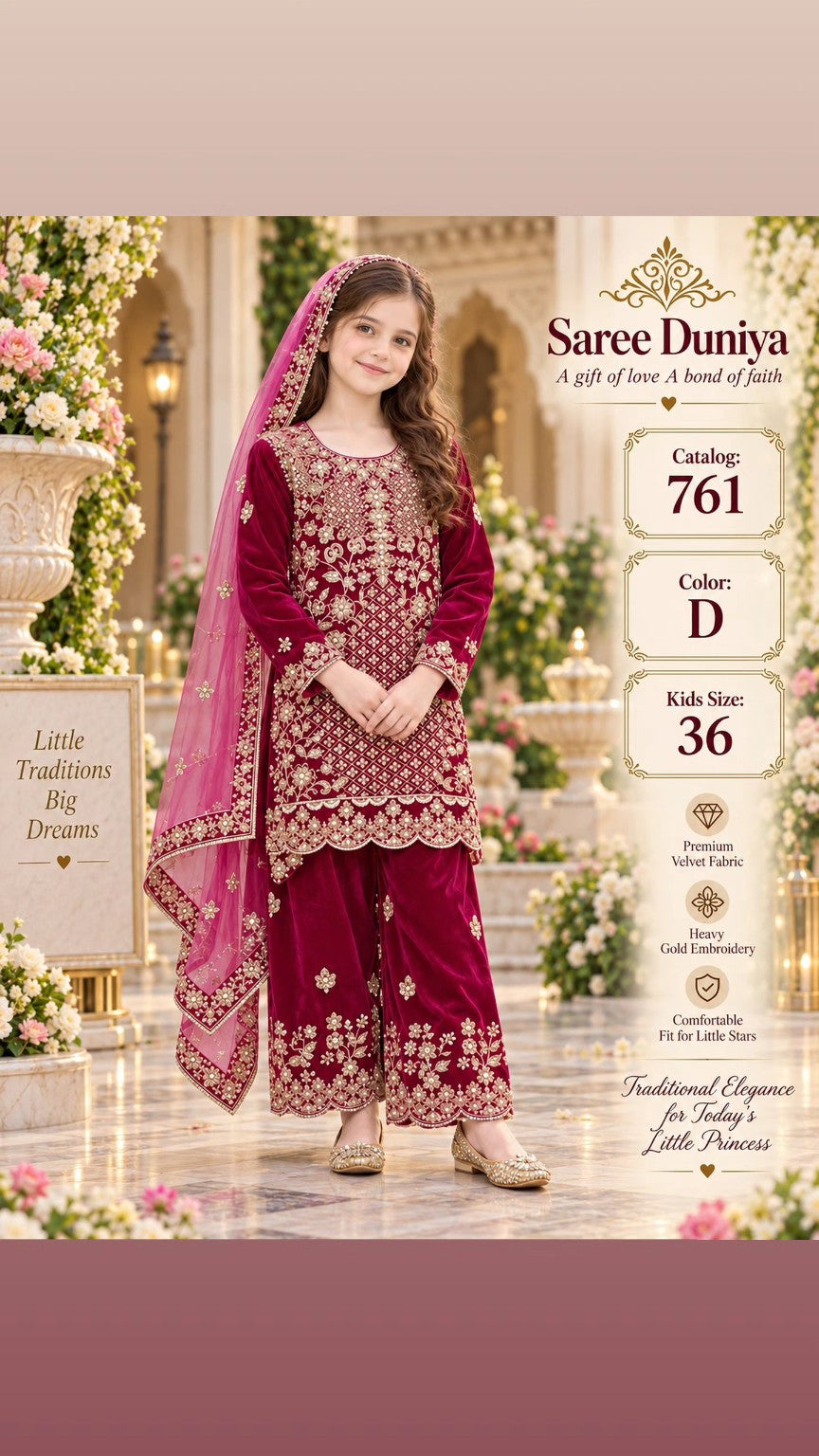 Catalog 761 Color D size 36 deep magenta velvet girls salwar kameez on model