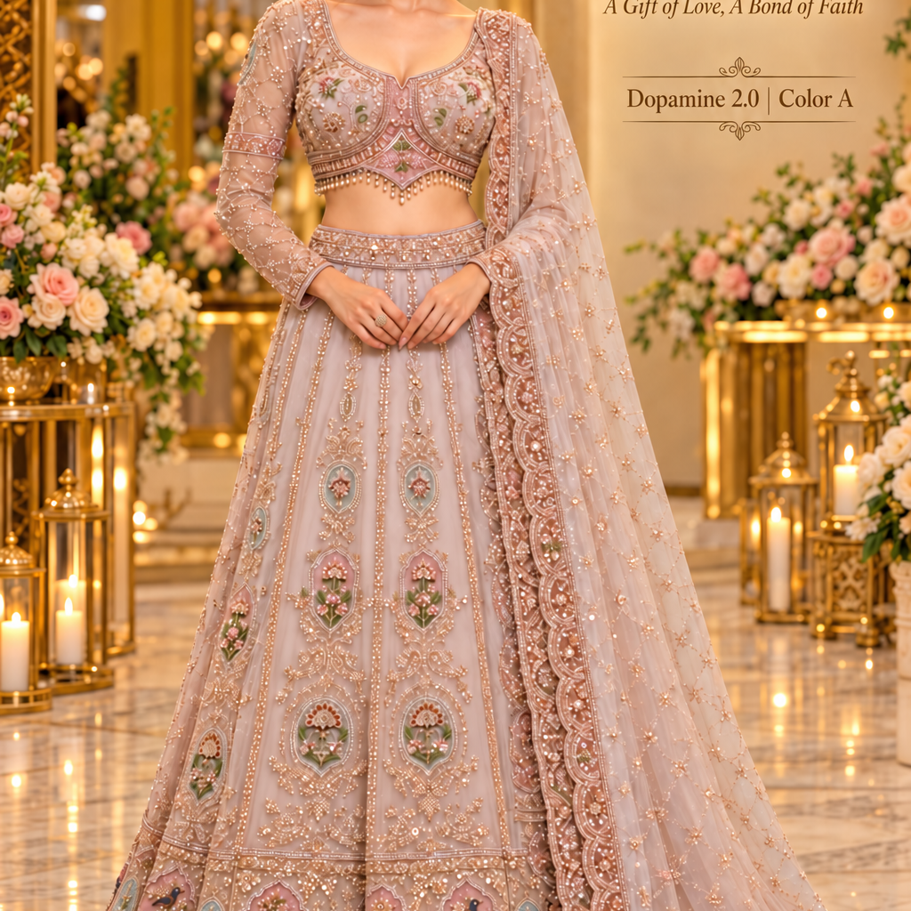 Dopamine 2.0 color A blush-mauve lehenga model presentation with floral and peacock motifs, long sleeves and matching dupatta