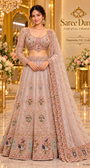 Dopamine 2.0 color A blush-mauve lehenga model presentation with floral and peacock motifs, long sleeves and matching dupatta