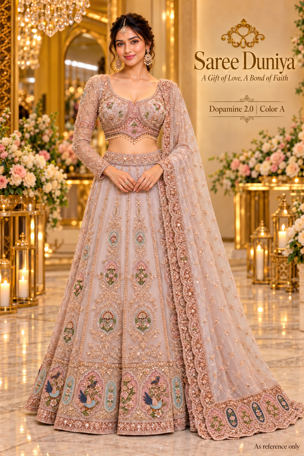 Dopamine 2.0 color A blush-mauve lehenga model presentation with floral and peacock motifs, long sleeves and matching dupatta
