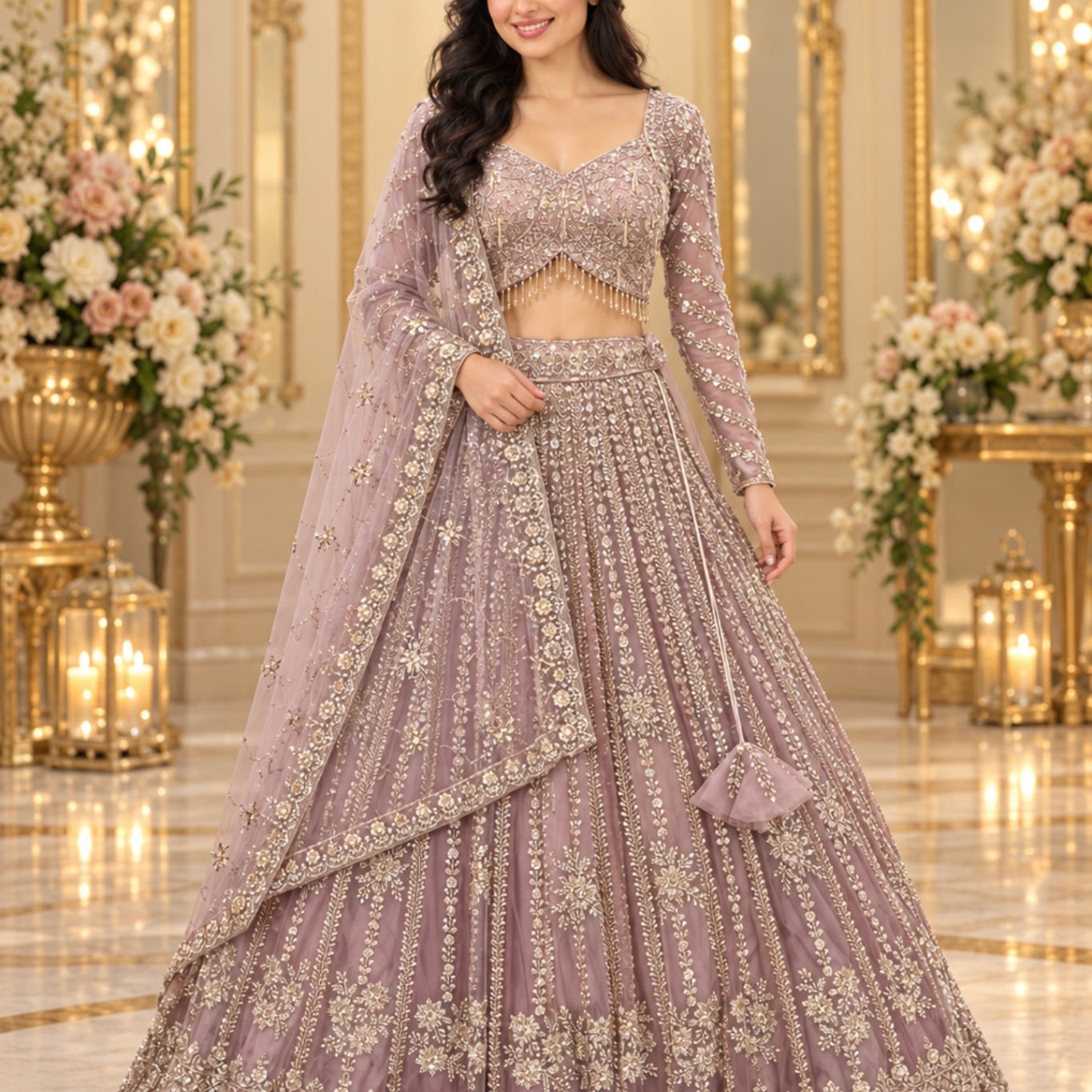 Dopamine color A mauve embellished lehenga, long-sleeve blouse and matching dupatta