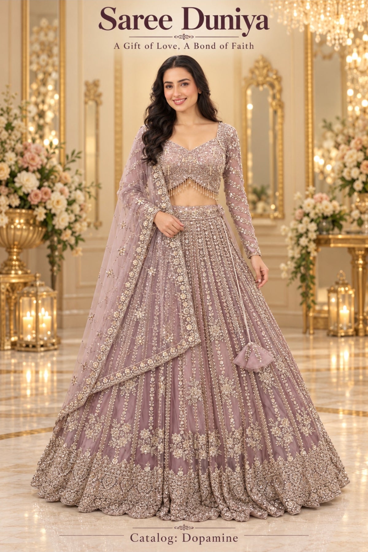 Dopamine color A mauve embellished lehenga, long-sleeve blouse and matching dupatta