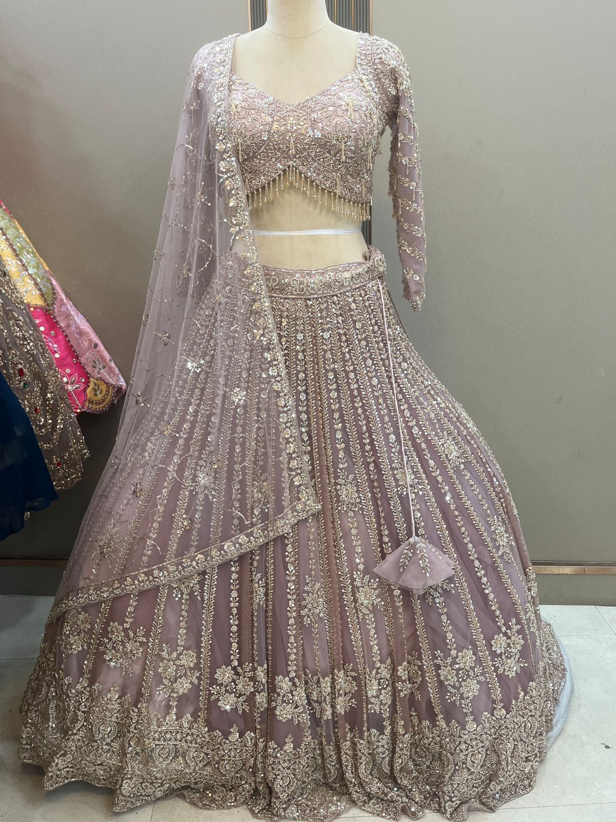 Original Dopamine color A lehenga showing embroidery, bead fringe and matching dupatta