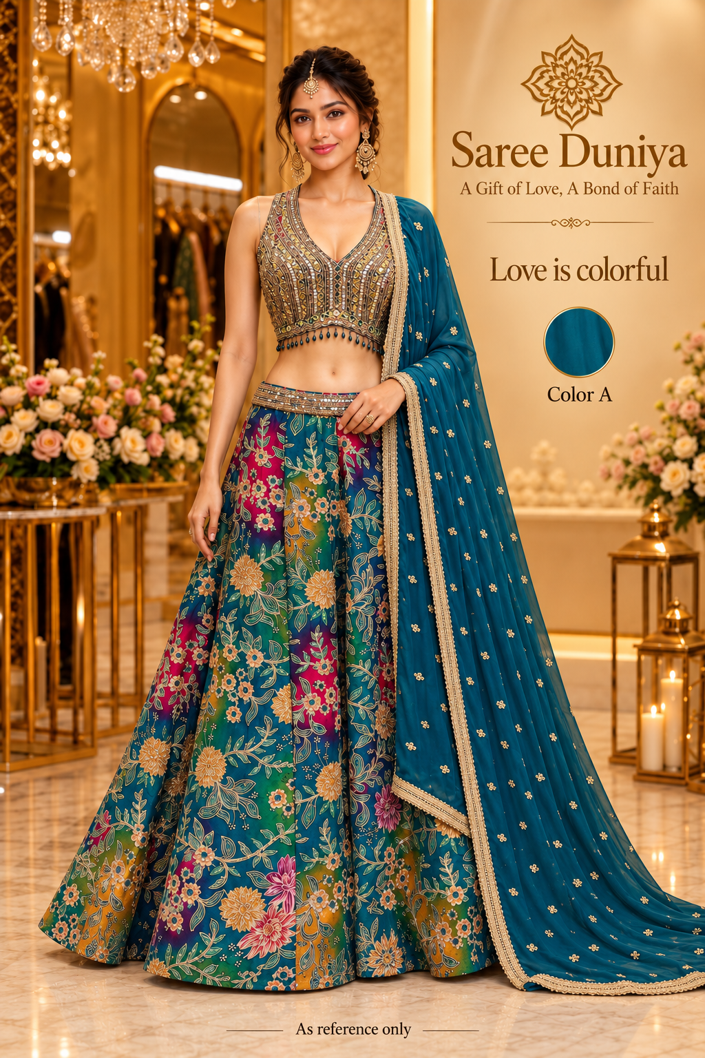 Love is colorful — Color A teal floral lehenga model styling reference