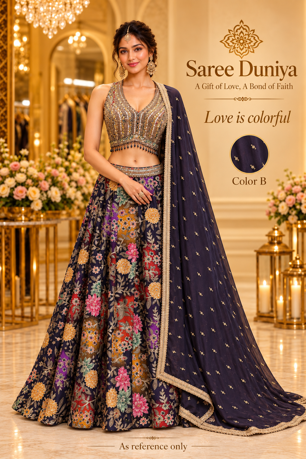 Love is colorful — Color B dark navy-plum floral lehenga model styling reference