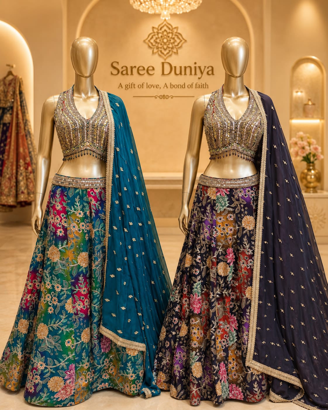 Love is colorful — original catalog photograph with multicolor floral lehengas and embellished blouses, A and B