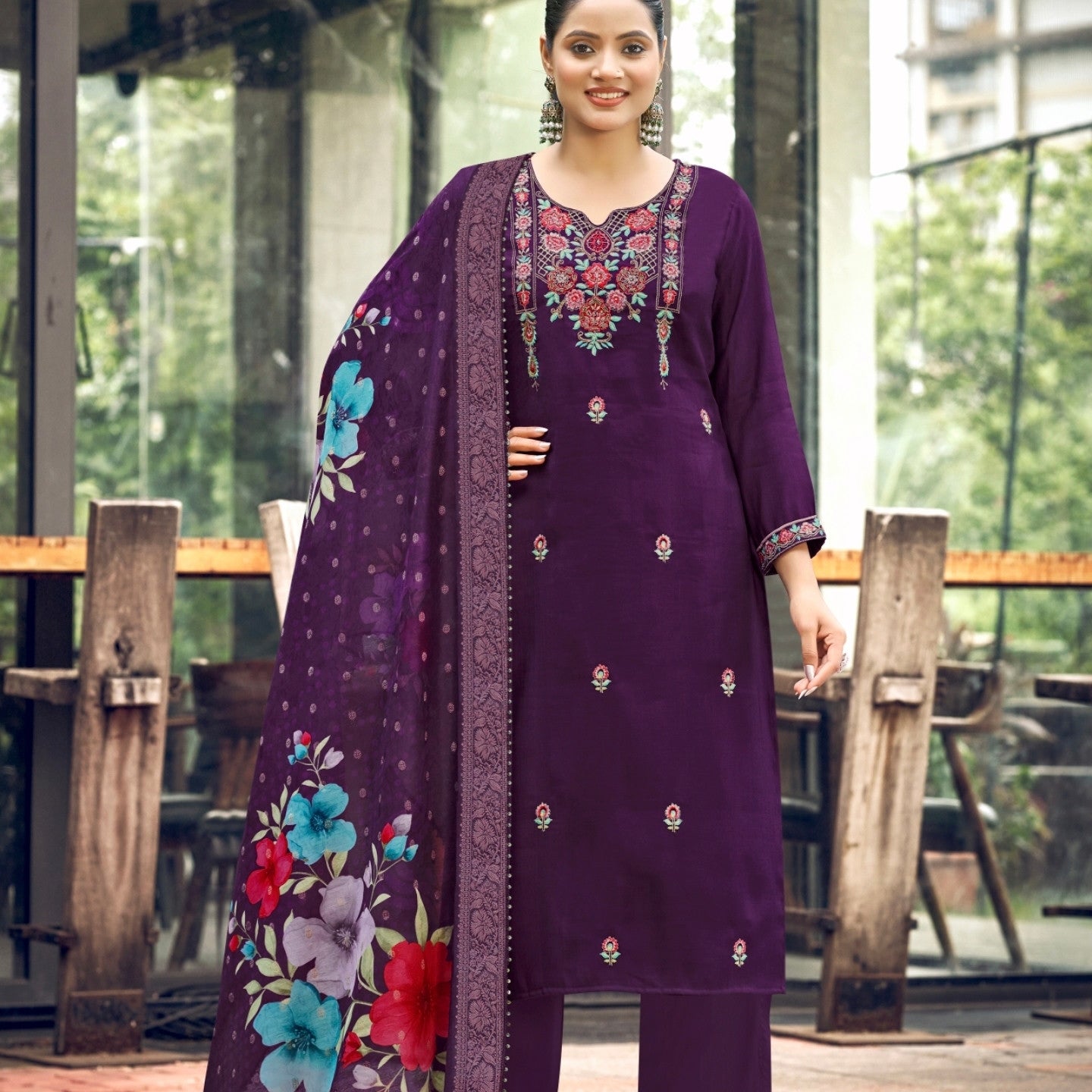 Noora style 1001 Purple designer stitched suit, original full-length photo
