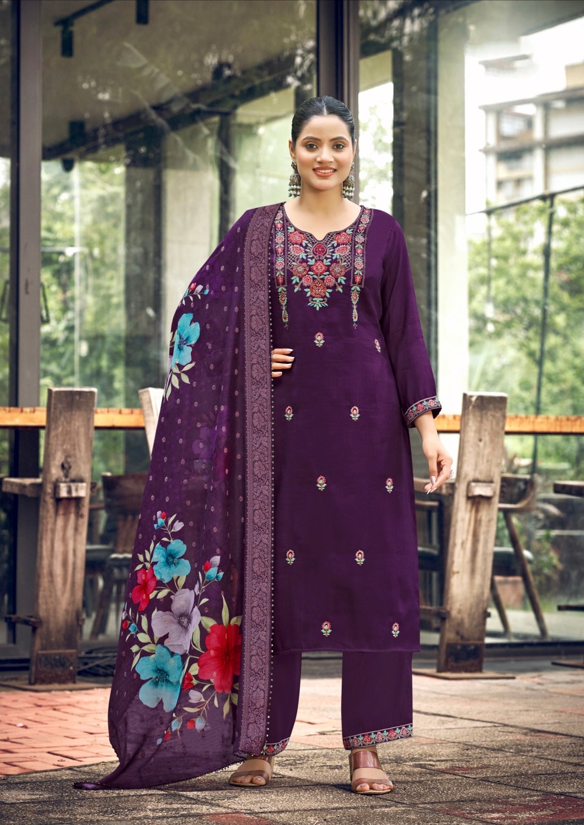 Noora style 1001 Purple designer stitched suit, original full-length photo