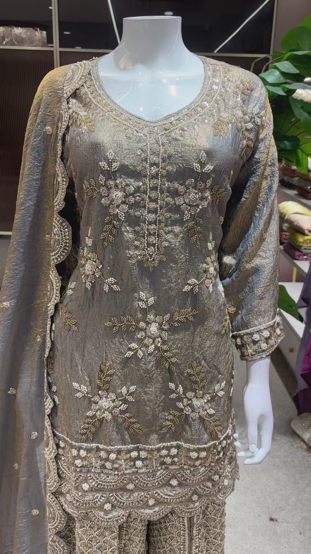 Catalog 1681 Color C original product video - smoky charcoal grey with warm antique-gold metallic highlights embellished designer suit, palazzo pants and dupatta