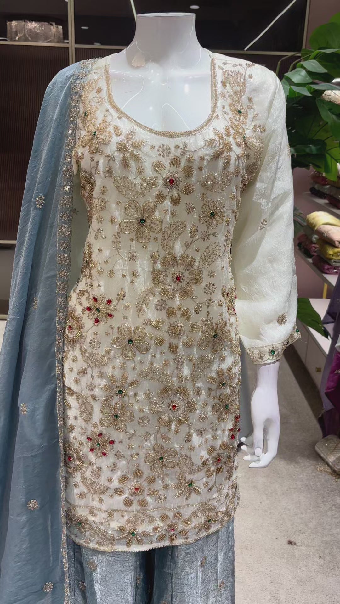Catalog 1675 Color D original product video - ivory designer suit with dusty steel blue with silvery metallic sheen palazzo and dupatta