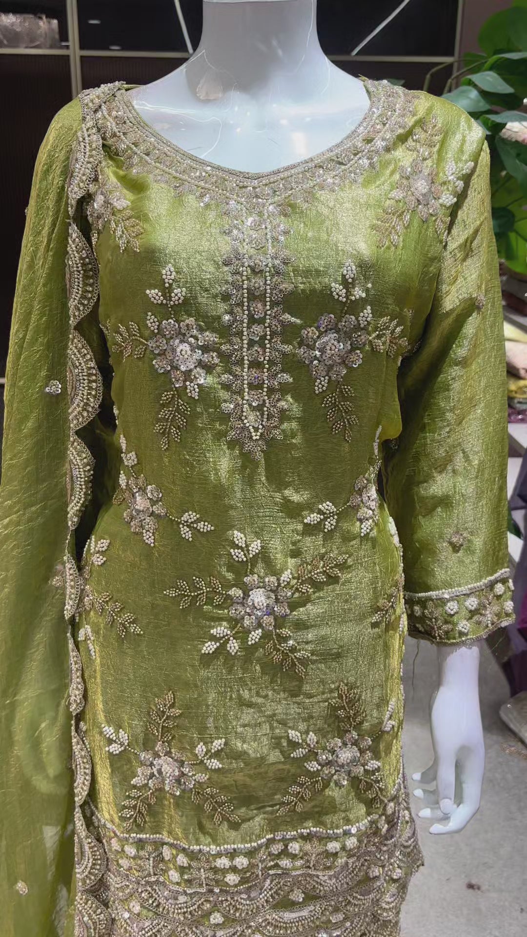Catalog 1681 Color D original product video - luminous moss / chartreuse olive green with a golden sheen embellished designer suit, palazzo pants and dupatta