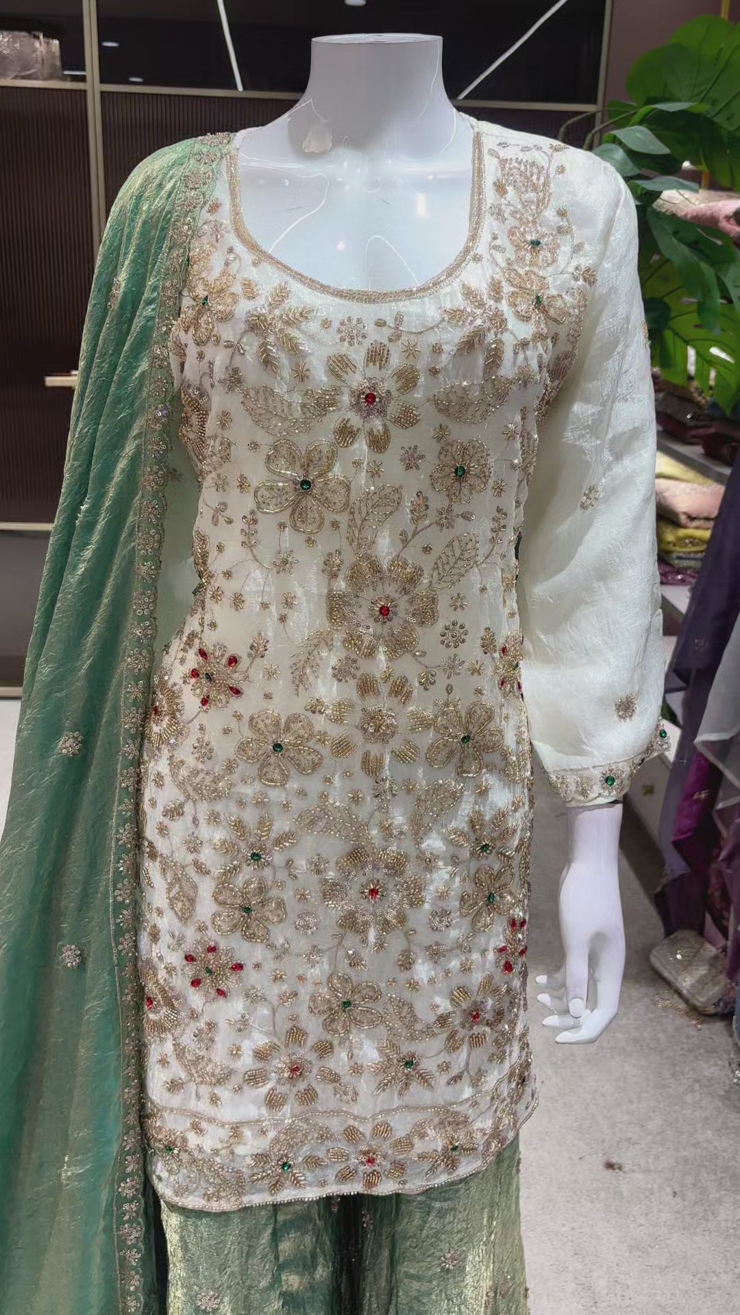 Catalog 1675 Color C original product video - ivory designer suit with medium muted sage-green / sea green with antique golden metallic sheen palazzo and dupatta
