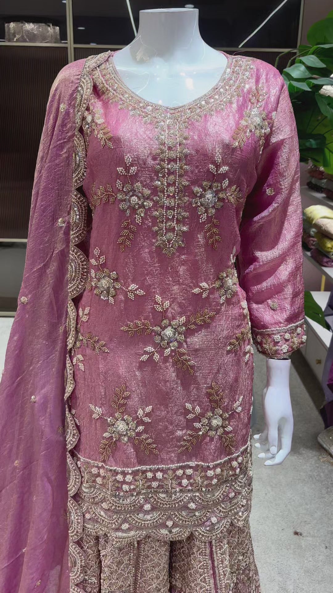 Catalog 1681 Color B original product video - dusty rose pink with a muted mauve undertone and metallic shimmer embellished designer suit, palazzo pants and dupatta