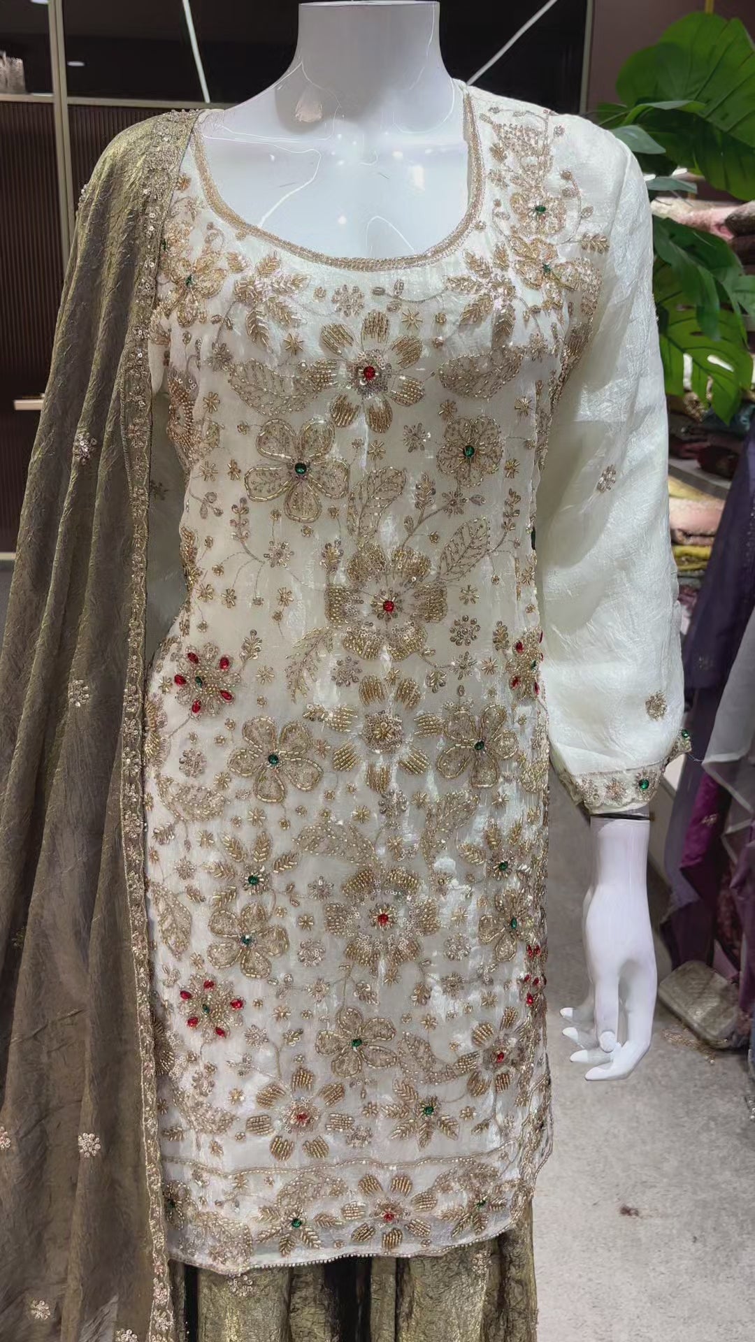 Catalog 1675 Color A original product video - ivory designer suit with antique olive with gray-brown shadows and golden metallic sheen palazzo and dupatta