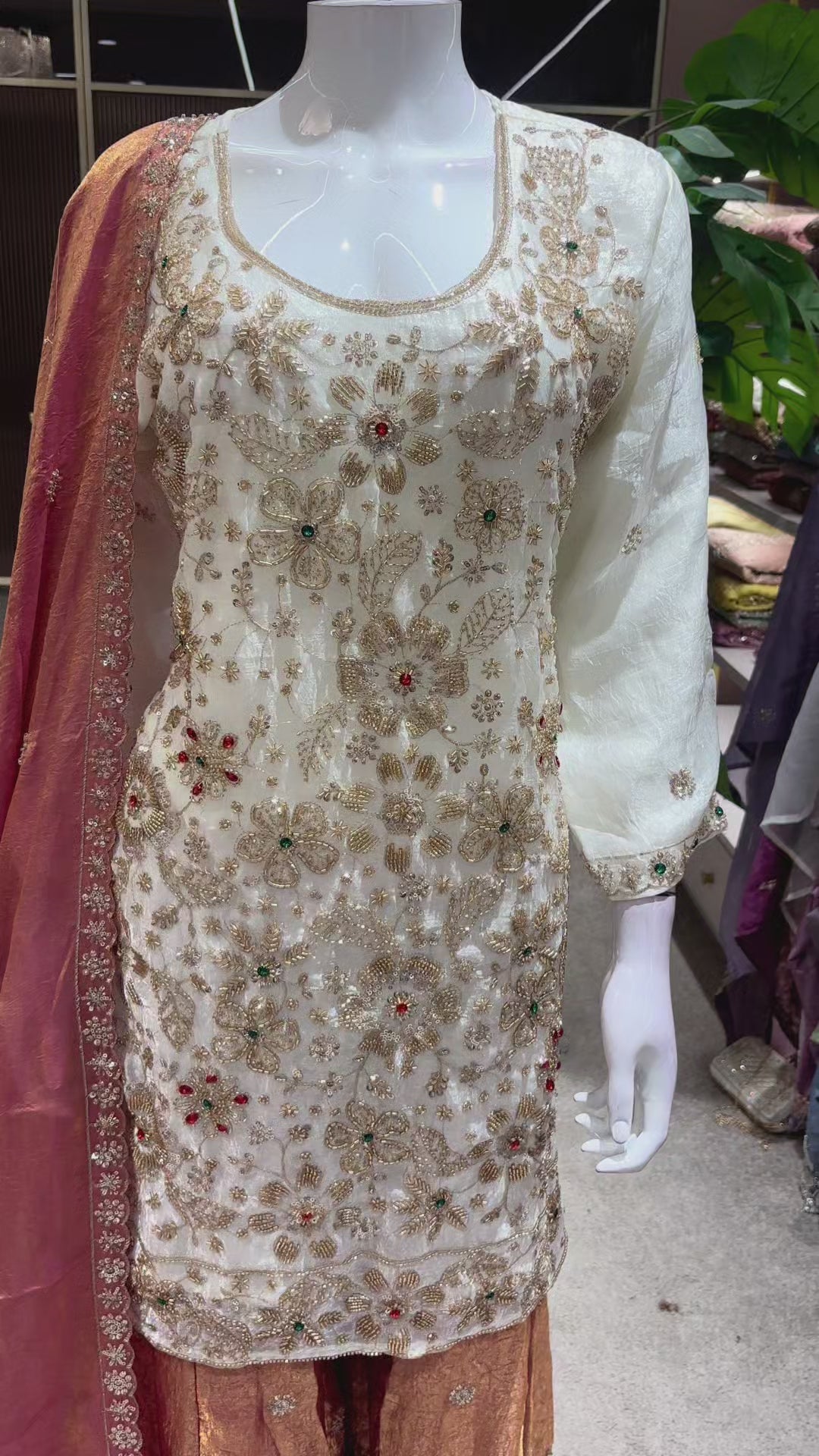 Catalog 1675 Color B original product video - ivory designer suit with muted dusty rose / terracotta pink with warm copper-gold metallic sheen palazzo and dupatta