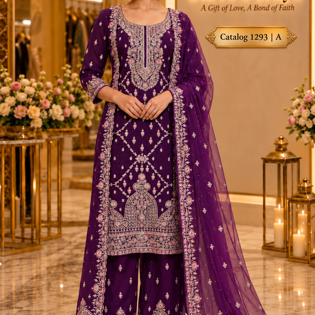 Catalog 1293 Style A - Purple designer stitched suit - AI-assisted model styling image