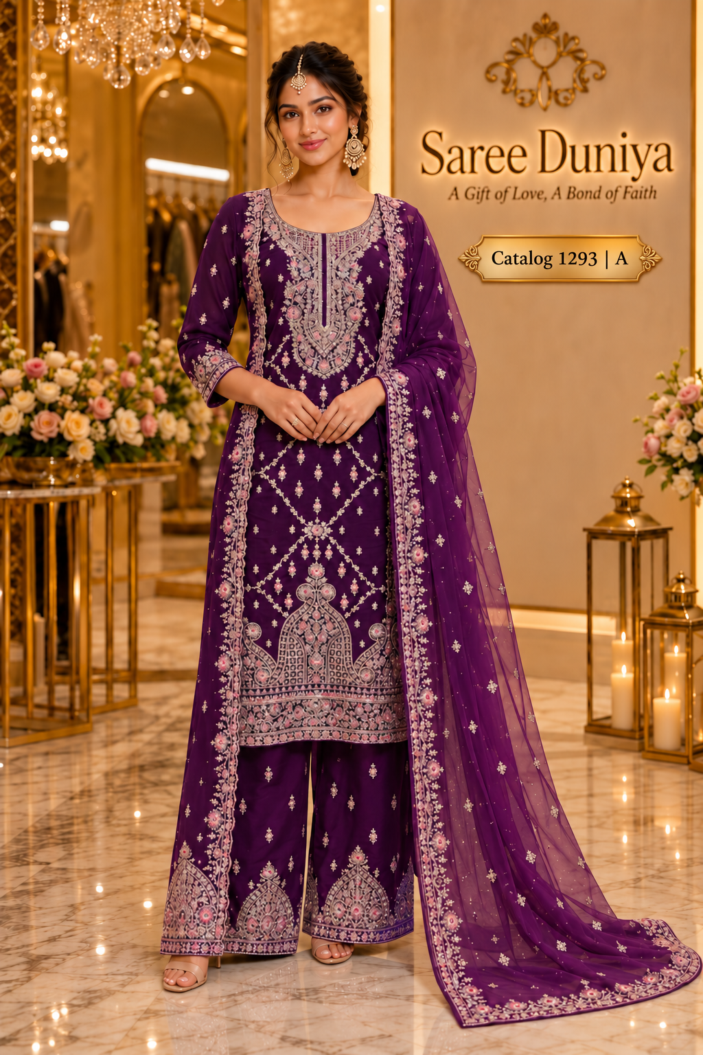 Catalog 1293 Style A - Purple designer stitched suit - AI-assisted model styling image