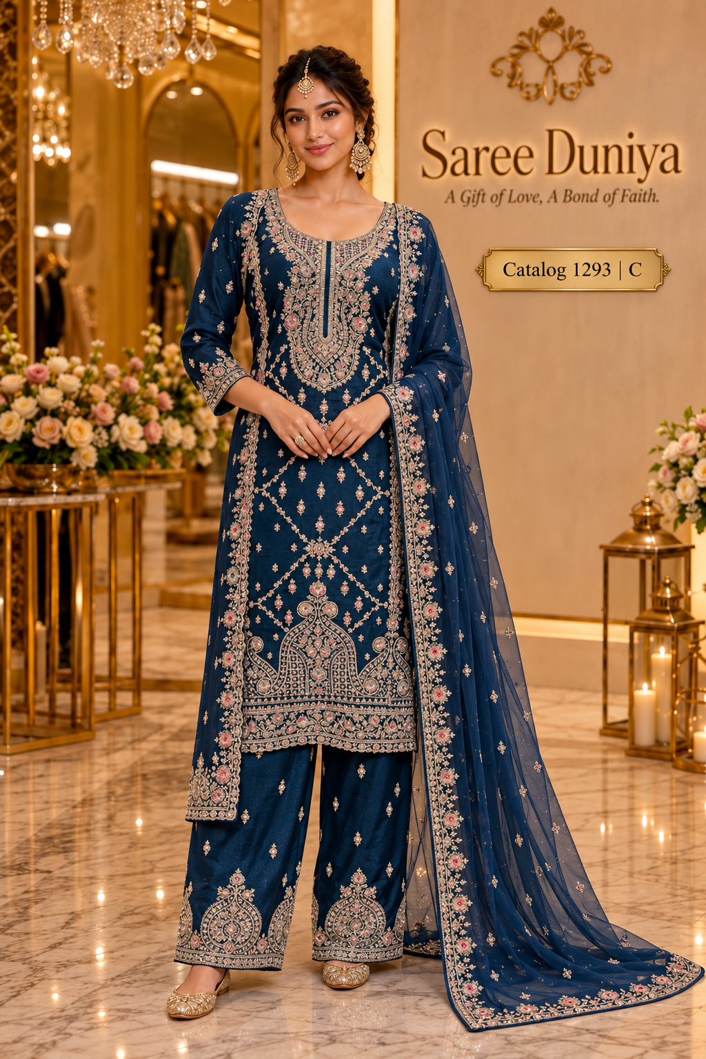 Catalog 1293 Style C - Navy-teal blue designer stitched suit - AI-assisted model styling image
