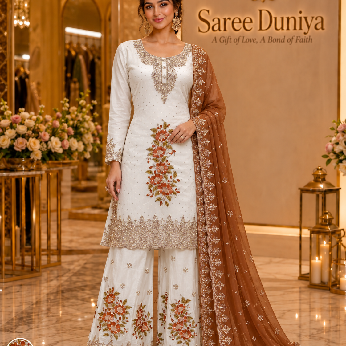 Saree Duniya Catalog 1715 Style A - Ivory suit with rust-orange florals and rust-brown dupatta - AI-assisted model styling image