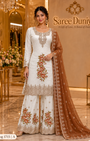 Saree Duniya Catalog 1715 Style A - Ivory suit with rust-orange florals and rust-brown dupatta - AI-assisted model styling image