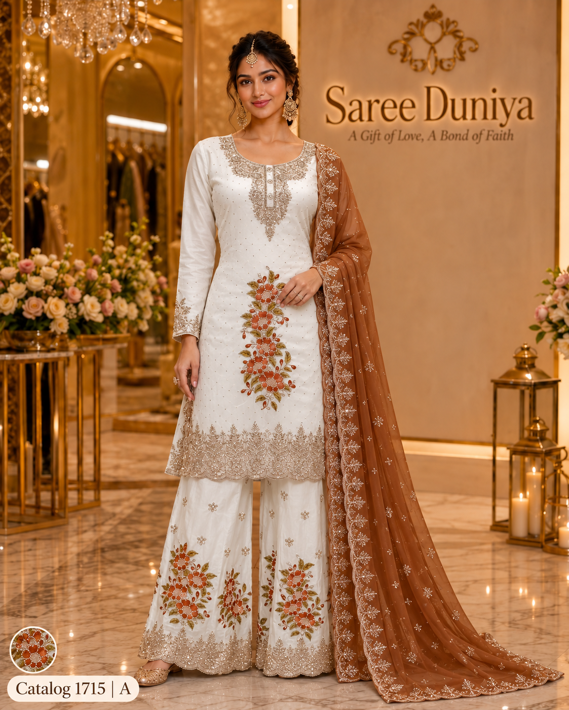 Saree Duniya Catalog 1715 Style A - Ivory suit with rust-orange florals and rust-brown dupatta - AI-assisted model styling image