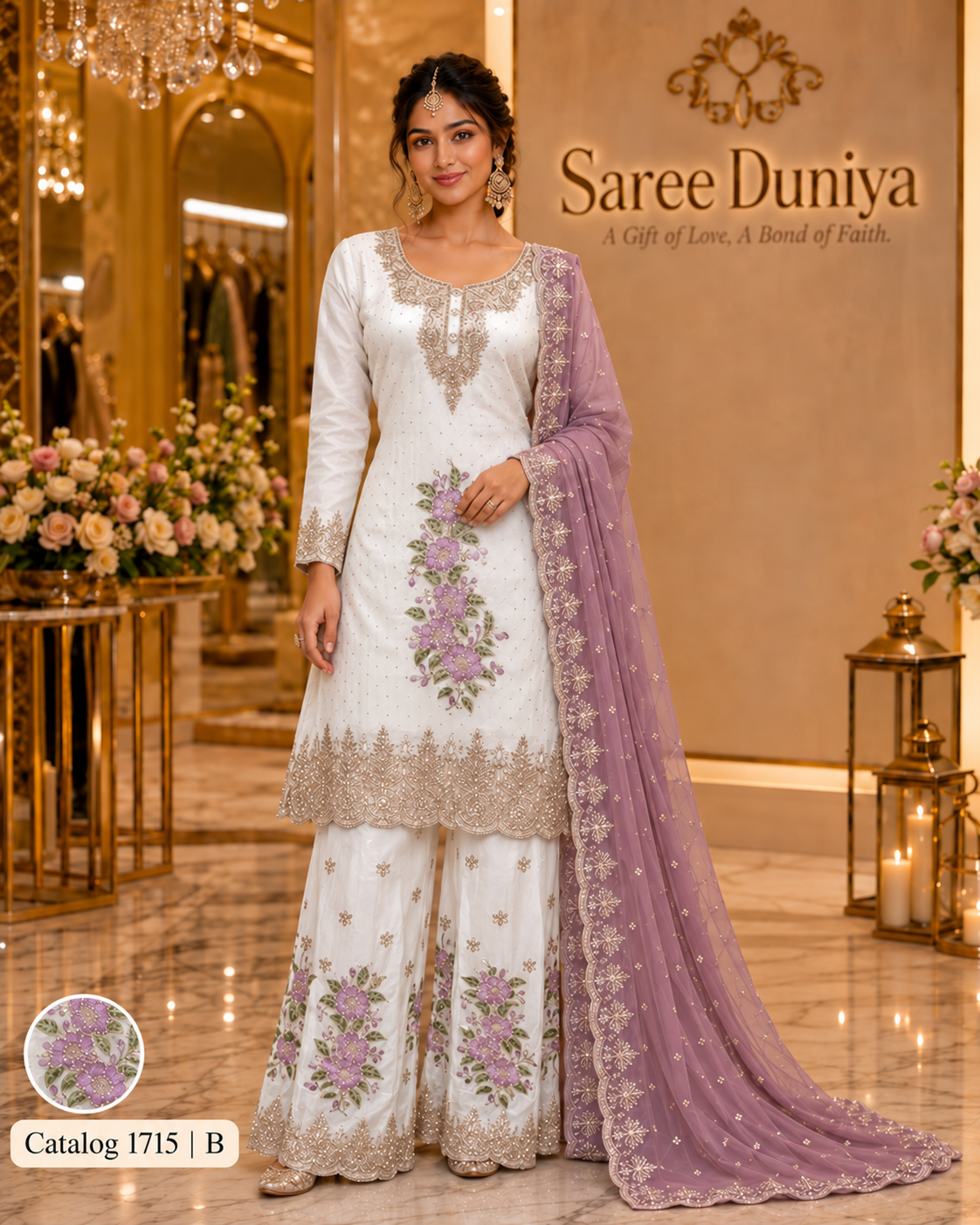 Saree Duniya Catalog 1715 Style B - Ivory suit with lavender florals and muted mauve dupatta - AI-assisted model styling image
