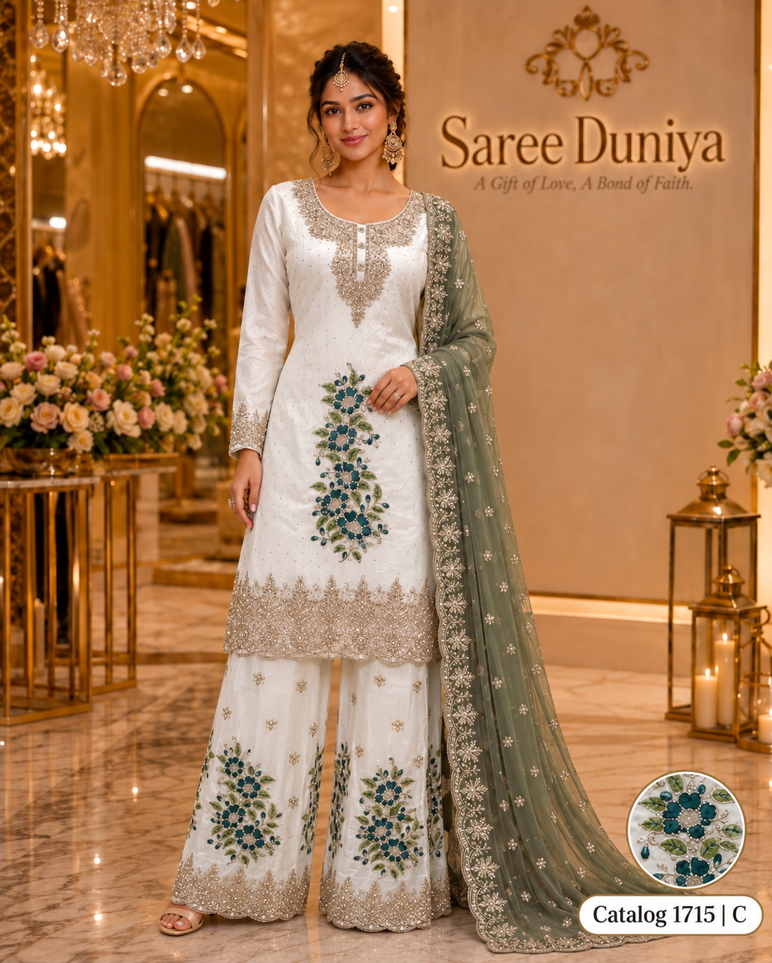 Saree Duniya Catalog 1715 Style C - Ivory suit with teal florals and sage-olive dupatta - AI-assisted model styling image