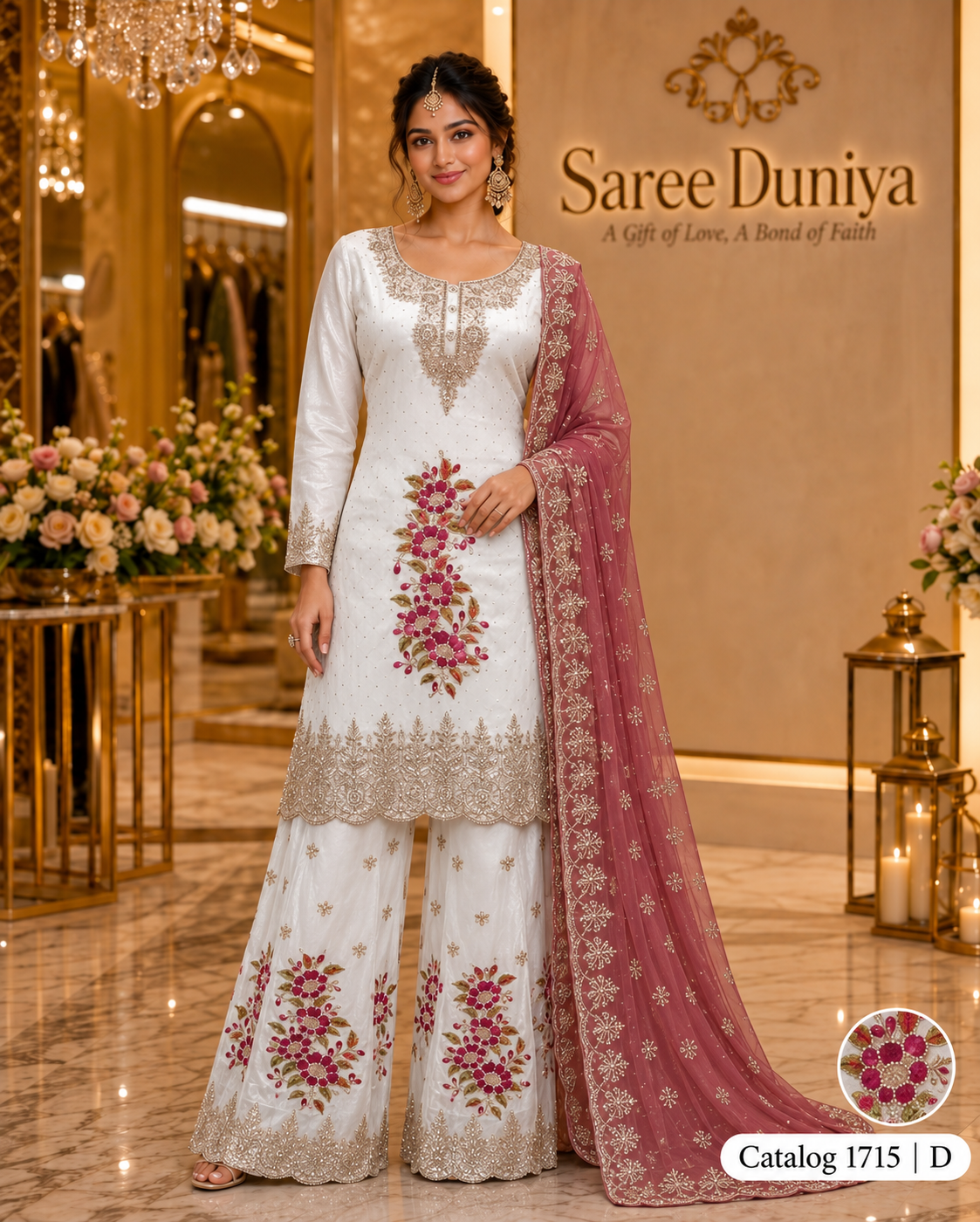Saree Duniya Catalog 1715 Style D - Ivory suit with magenta florals and dusty rose dupatta - AI-assisted model styling image