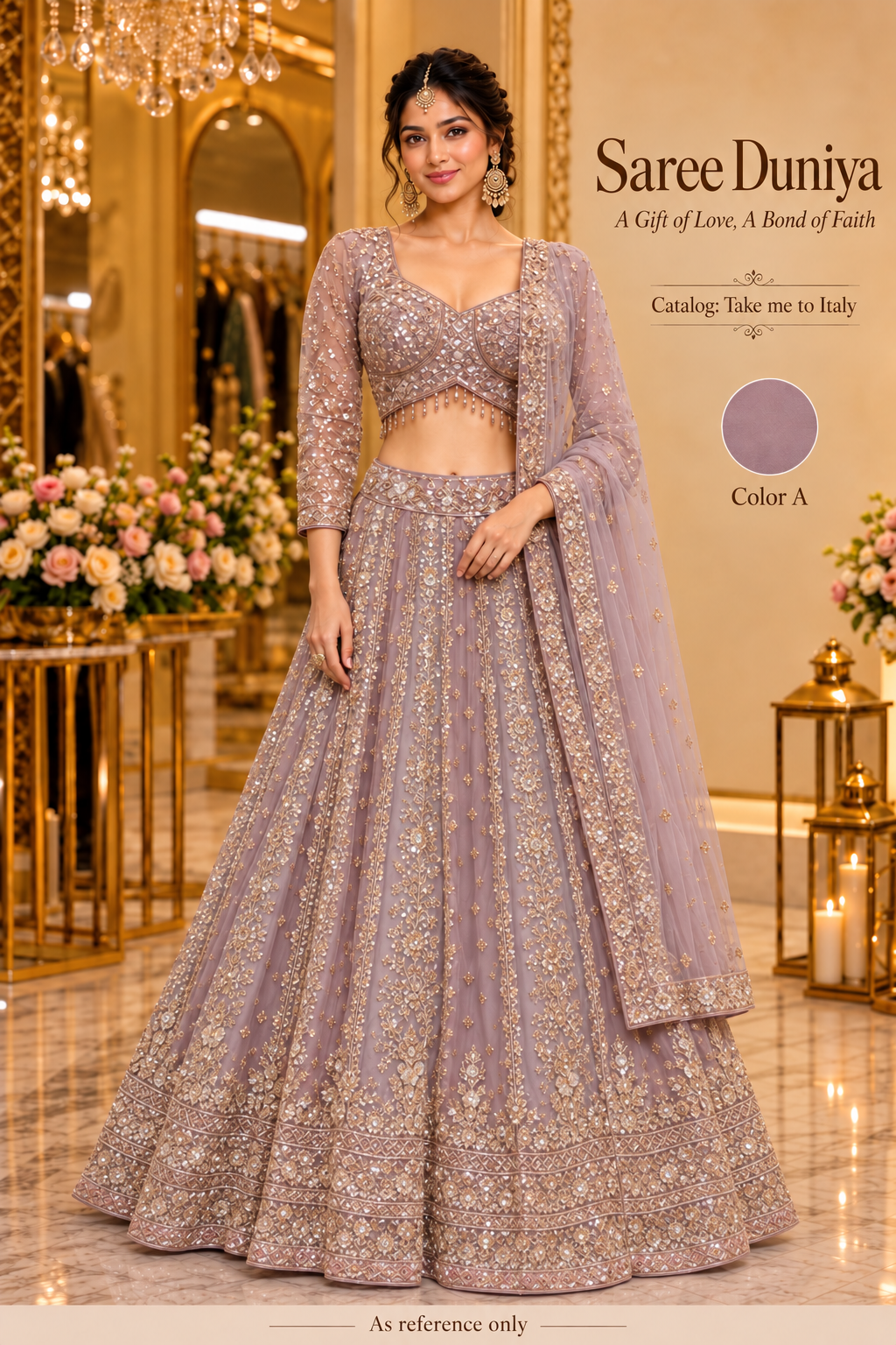 Take me to Italy Color A - lavender-mauve lehenga, AI-generated model reference
