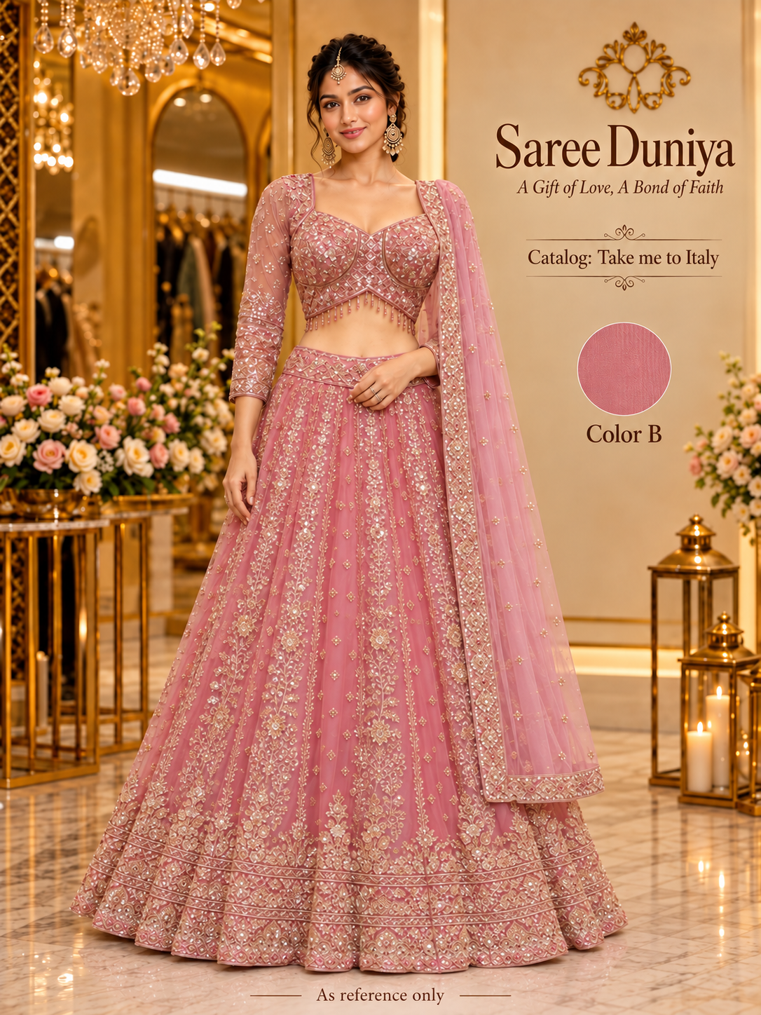 Take me to Italy Color B - rose pink lehenga, AI-generated model reference