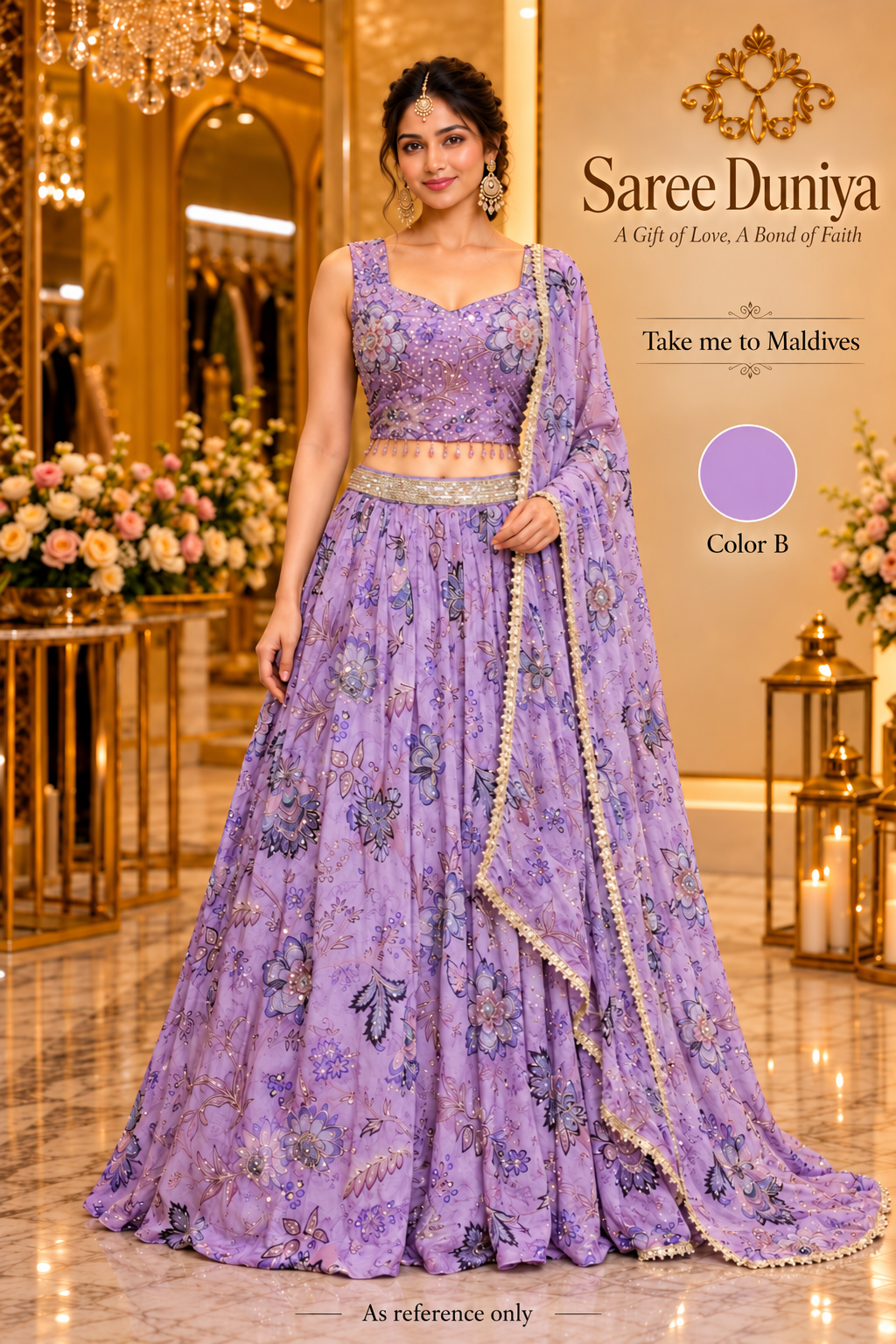 Take me to Maldives color B lehenga on model, as reference only