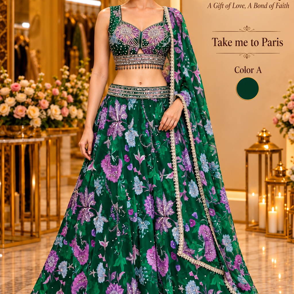 Take me to Paris Color A, emerald green floral lehenga set on model; AI-generated styling reference