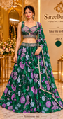 Take me to Paris Color A, emerald green floral lehenga set on model; AI-generated styling reference