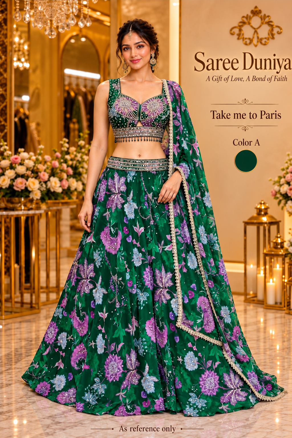 Take me to Paris Color A, emerald green floral lehenga set on model; AI-generated styling reference