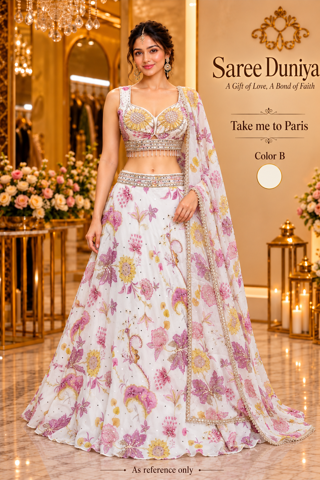 Take me to Paris Color B, ivory floral lehenga set on model; AI-generated styling reference