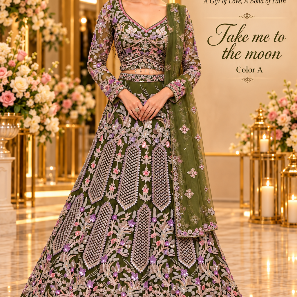 Take me to the moon - Color A - AI model styling reference for olive green bridal, engagement and reception lehenga