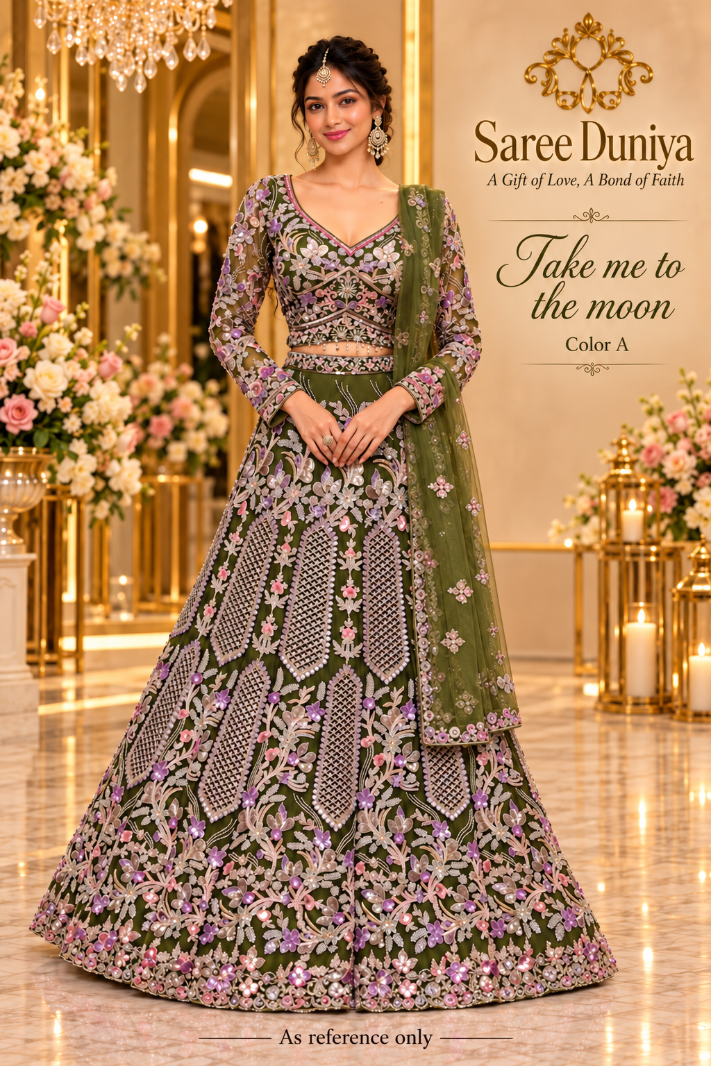 Take me to the moon - Color A - AI model styling reference for olive green bridal, engagement and reception lehenga