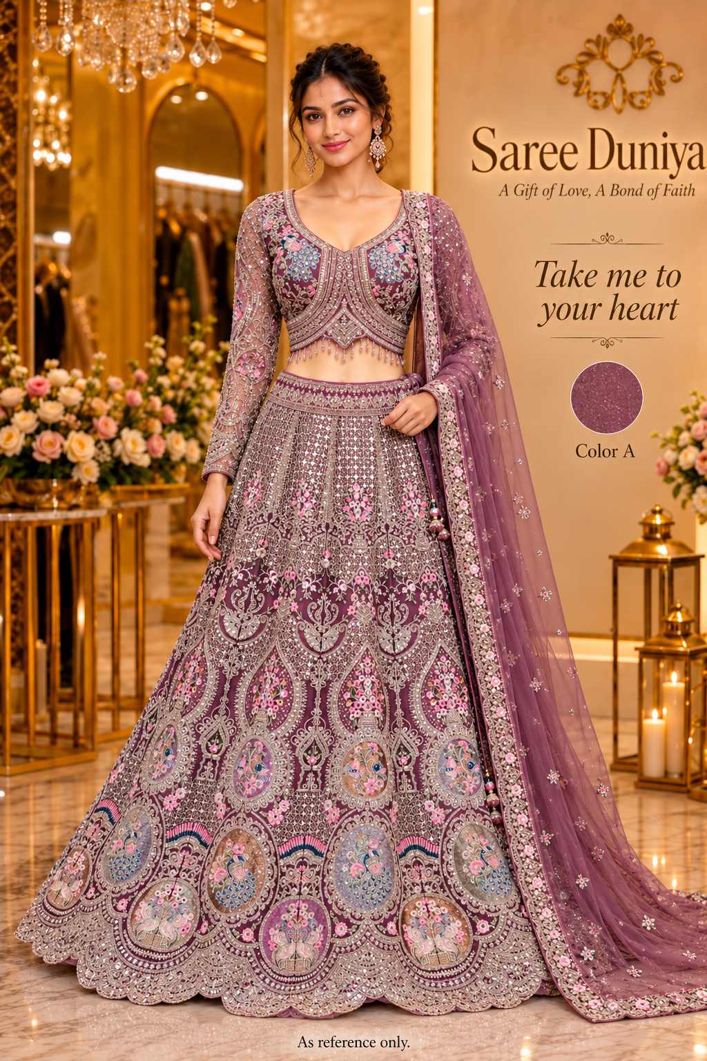 Take me to your heart - Color A plum designer stitched lehenga on model - As reference only