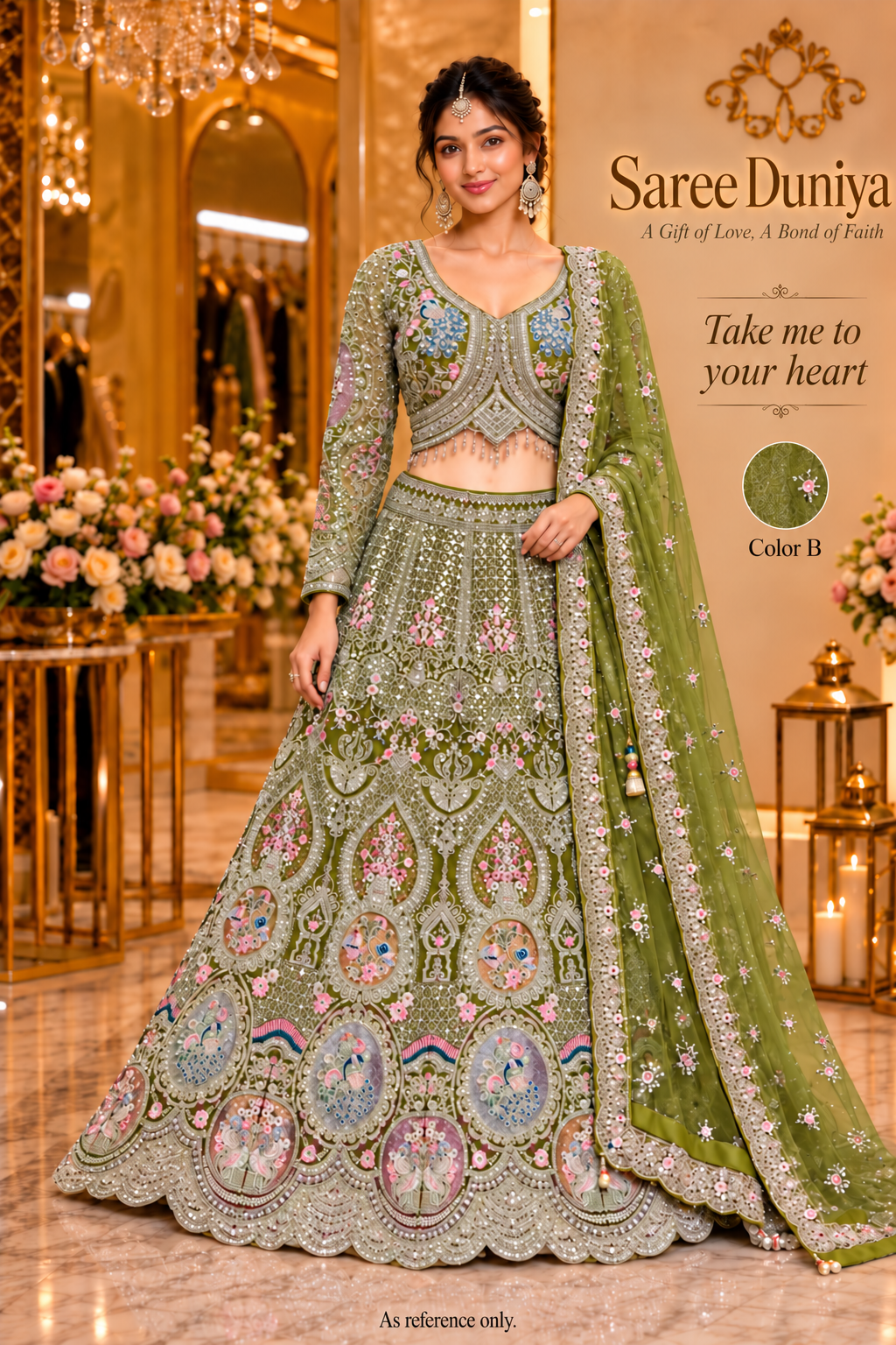 Take me to your heart - Color B olive green designer stitched lehenga on model - As reference only