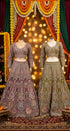 Take me to your heart - original product photo showing A plum and B olive designer stitched lehengas