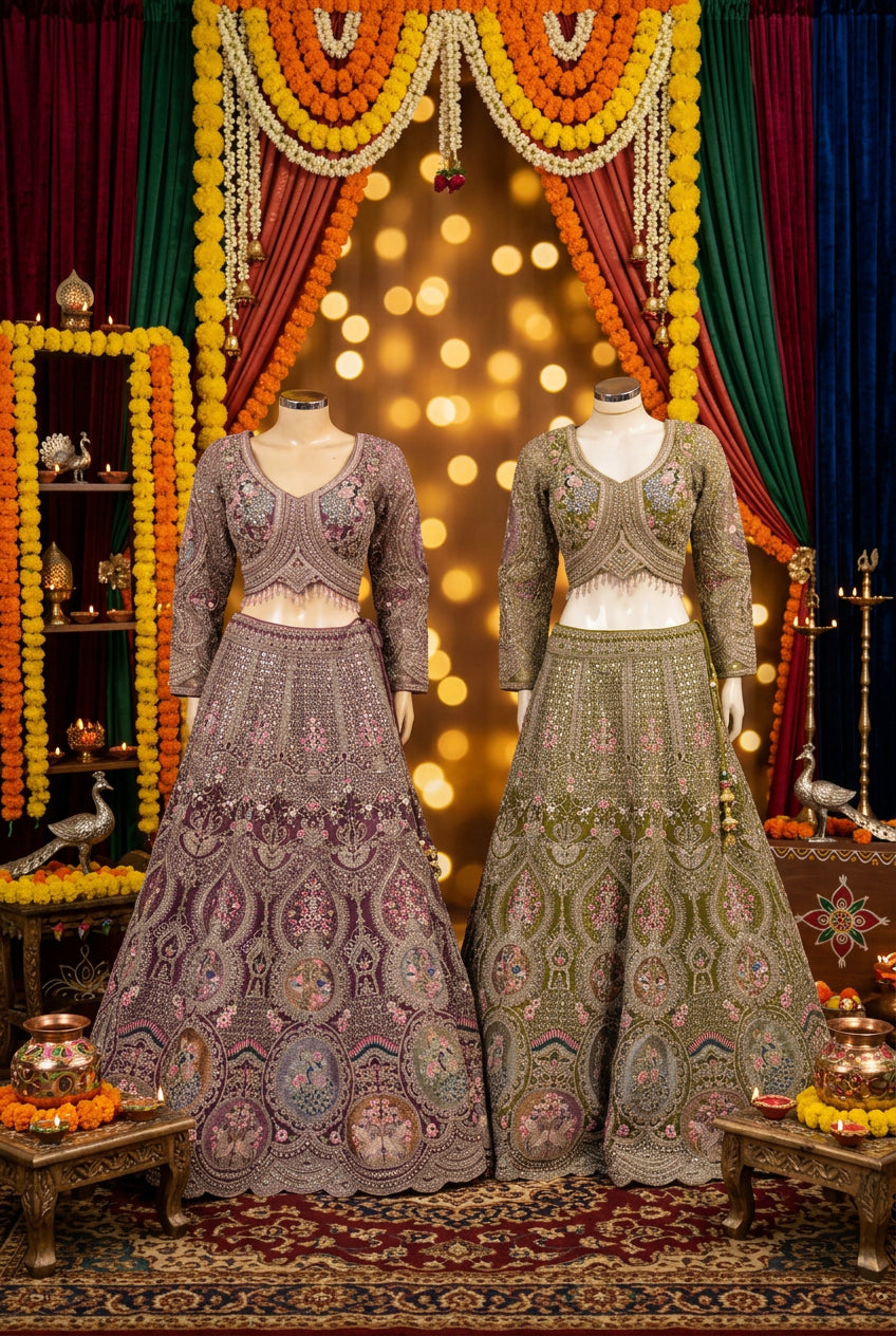 Take me to your heart - original product photo showing A plum and B olive designer stitched lehengas